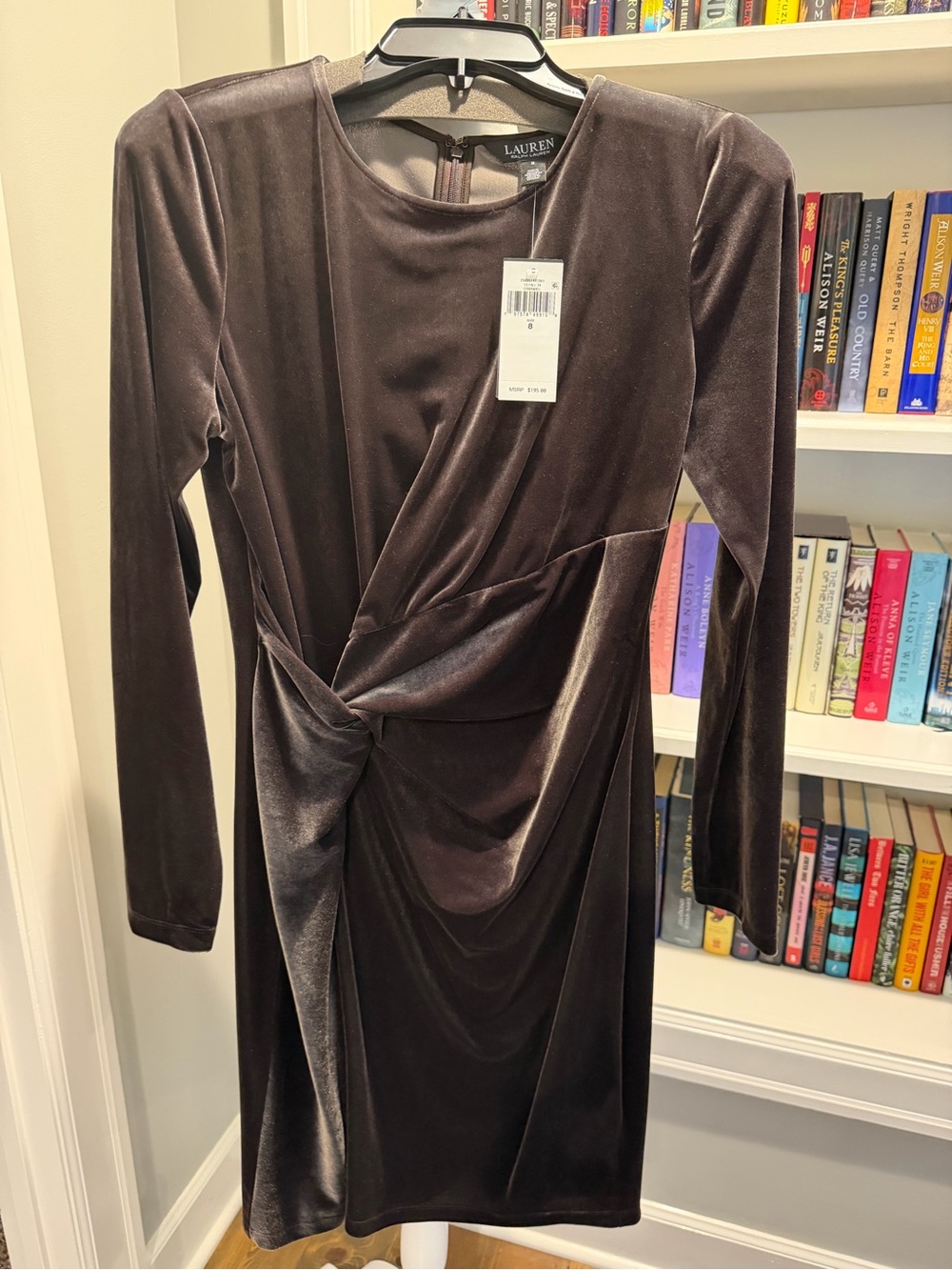 Ralph Lauren Brown Velvet Long-Sleeve Twist-Front Sheath Dress